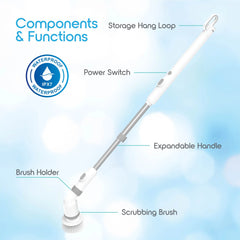 Electric Spin Scrubber Cordless Cleaner 9 Brush Heads Adjustable Handle 2 Speed USB-C Rechargeable IPX7 Waterproof for Bathroom