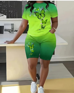 Fashion Casual Women's Shorts Short Sleeve Suit Gradient Letter Print Summer Suit T-shirt + Shorts 2 Pieces Sets 2025