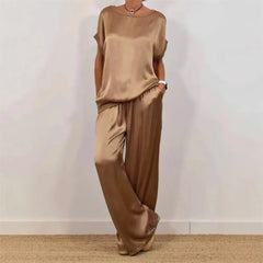 2-Piece Set Fashion Satin O Neck T-Shirt Top Trousers Summer Retro