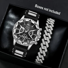 Business 2PCS Men's Fashion casual Luxury Silicone Band Diamond Quartz Bracelet Wrist Watch set（Box Not Included ）