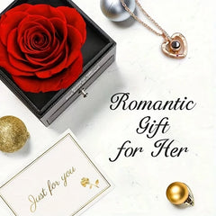 Preserved Red Rose with I Love You Necklace, for Women, Mom, Wife,Christmas Valentines Day Mothers Day Anniversary Birthday Gift