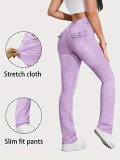 Slim Fit High Elasticity Colorful Candy Straight Leg Jeans Women's Pink Denim Pants Purple Pattern Long High Waist Jeans