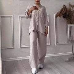 Autumn Cotton and Linen Pant Sets Women Fashion Long Sleeve Shirts
