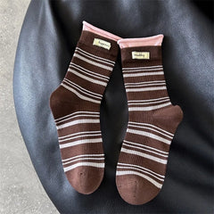 Fake Two-Piece Design Crew Socks Soft Knit Texture Mid-Calf Length Mid-Calf Socks Striped Pattern Striped Socks For Women