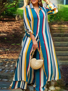 Elegant 2-piece Sets for Women Fall Winter Outfits Pants Suit with Long Shirt Blouse Full Sleeve Striped Plus Size Matching Sets
