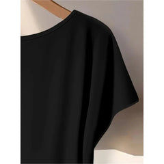 Women's plus Size Two-Piece Set Lazy Style Black Side Twisted T-Shirt And Black White Leaf Print Wide Leg Pants Casual Outfit
