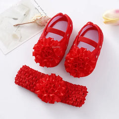 Spring Infant Baby Girl Shoes Newborn Lace Flowers Headband Anti-Slip Soft Sole First Walkers Toddler Kids Cotton Baptism Shoes