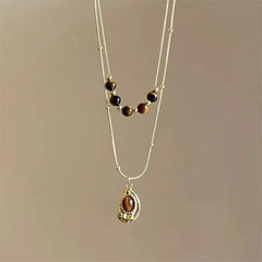 Vintage Leather Brown Stone Sun Pendant Beaded Choker Clavicle Chain Necklace For Women Unique Y2K Personalized Grunge Jewelry