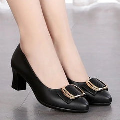 Women Cute Sweet Round Toe Black Pu Leather Spring Slip on Square Heel Shoes Zapatos De Mujer Lady Plus Size Office Pumps B37