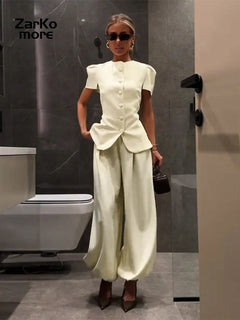 Casual Women's Waist Cinched Blazer Pants Set O-Neck Puff Sleeve