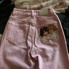Y2K Light Pink Baggy Straight Leg Jeans Womens Clothing Harajuku Classic Angel Graphic Printed Trousers Gothic High Waist Pants
