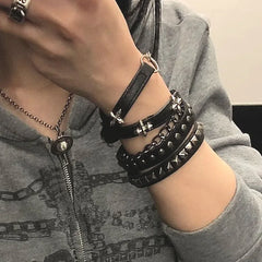 Punk Y2k Layered Bracelet Leather Band Metal Rivets and Chains Unisex Dark Aesthetic Unisex Jewelry for Daily Wear