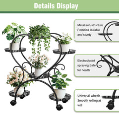Black Metal Rolling Plant Stand Heart-Shaped Garden Display Rack with Wheels for Home And Garden Decor