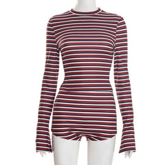 Slim Fit Striped Jumpsuit Women's New 2026 High Neck Long Sleeved Flared Cuffs Elastic Shorts Burgundy White Striped Casual Wear