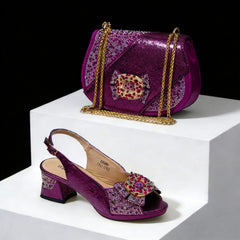 Nigeria Design Open Toe High Heels & Bag Set Gold Color blocking Hot Rhinestones Fashion Elegant Sexy High Heels