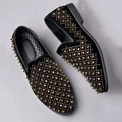 Fashion Designer New Gold Silver Punk Rock Rivet Leather Casual Shoes for Men Rhinestone Loafers Formal Wedding Dress Homecoming