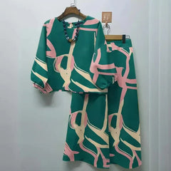 Print Suit Women Two Piece Pant Sets Long Sleeve Round Neck Tops Shirt Wide Leg Pants Loose Elegant Lady Bohemian Suits