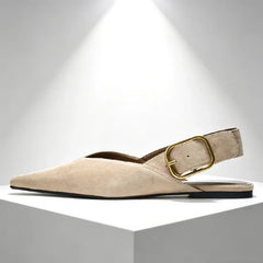 Fashion Metal Buckle Design Flat Sandals Women 2026 New Brown Suede Pointed Toe Slingback Designer Shoes Comfortable Women Shoes