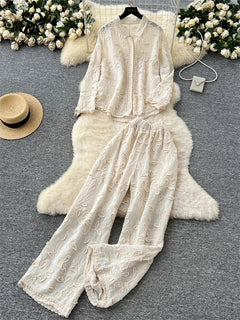 SINGREINY Senior Embroidery Leaves Sets Long Sleeves Single Breasted Top+Wide Legs Casual Pants 2025 Korean Women Solid Suits