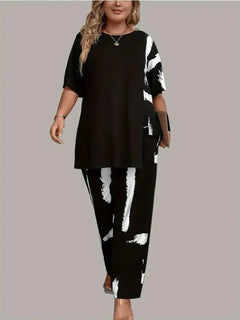 Plus Size Womens Brush Print Elegance  Short Sleeve Round Neck Split Top & Matching Pants 2 Piece Outfit Set