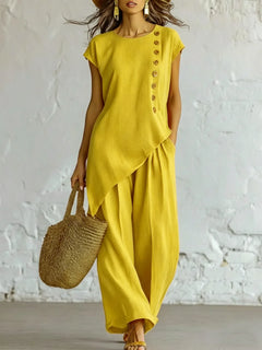 Women 2 Piece Set Elastic Waist Pocket Button Decorate Wide Leg