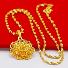 24K Gold Color Flower Pendant Necklaces for Women 18 Inch Water Wave