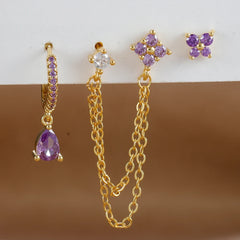 3PCS Set Stainless Steel Crystal CZ Butterfly Ear Stud Earring Gold