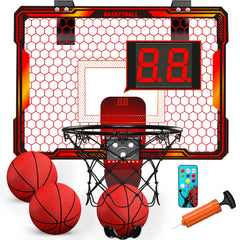 Mini Indoor Basketball Hoop with 7 LED Lights Scoreboard 3 Play Modes Adjustable Volume over Door Foldable for Kids Adults