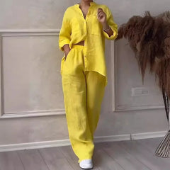 Autumn Cotton and Linen Pant Sets Women Fashion Long Sleeve Shirts