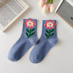 New Style Crew Socks for Women Spring Fashion Cute Flower Long Cotton Socks Japanese Style Breathable Casual Trendy Absorb Sweat