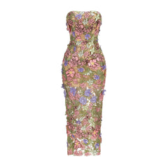 New Sexy Strapless Back Lace Up Dress for Women, Slim Fit and Simple Floral Embroidery Fabric Party Dress Long