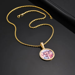 Vnox Free Custom Round Photo Frame Necklaces Gift for Women Men,Big Coin Pendant Zircon Stone Circle,Family Picture Gift to Dad