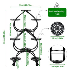 Iron Metal Plant Stand 9-Potted Rolling Flower Display Rack Holder with Wheels Indoor Outdoor