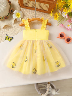 Sweet Baby Girls Summer Yellow Bee Print Mesh Tutu Dress with Bow Accents