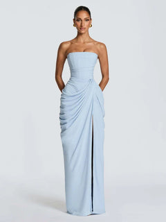 Solid Pleated Strapless Women's Dress Backless Off-shoulder High Waist Split Female Dresses 2026 Sexy Summer Evening Party Gown