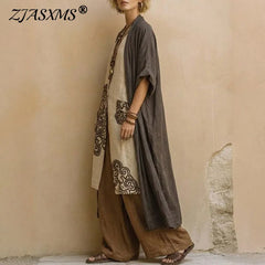 Summer Short Sleeve Loose Robe Set Woman Sexy V Neck Slit Top+Wide Leg Pants+Long Cardigan 3 Piece Suit Spring Print Chic Outfit