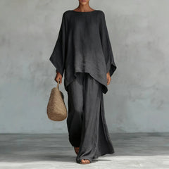 Women's Elegant Loose Round Neck Top Wide Leg Pants Set Casual Simple Long Sleeve Solid Color Two-Piece Set