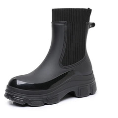 Women’s All-Season Black Durable Work Rain Boots, Waterproof Anti-Slip Platform Sole, Korean-Style Outdoor Fashion Boots