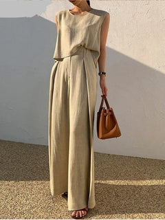 Lady Casual Loose 2 Piece Sets Fashion O-Neck Sleeveless Pullover Tops+wide Leg Pants Two Piece Sets For Women Summer Office New