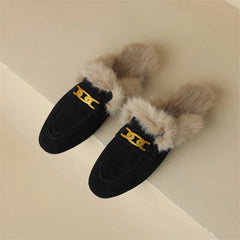 2023 Winter Sheep Suede Women Shoes Rabbit Hair Mules Shoes for Women Round Toe Low Heel Slippers Chunky Heel Cover Toe Slippers