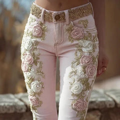 Womens Vintage Pink Rose Embroidery Art Print Jeans Elegant Casual Trousers High Waist Fashion Pants