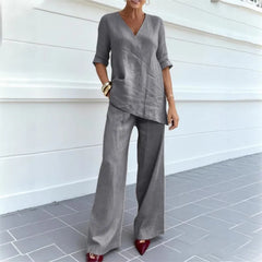 Women's Two-piece Set 2026 Mid-sleeve V-neck Top Straight Pants Spring Summer Women's New Casual Cotton Linen Solid Color Suit