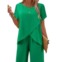 2 Pieces Women Sets Summer Short-Sleeved Irregular Round-Neck Loose