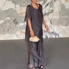 Women Summer Chiffon Pant Sets Short Sleeve Solid Irregular Splicing Long Blouse Wide-leg Pants Casual Loose Trousers Suits Robe