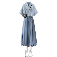 Summer Pantskirt Set for Female Korean Style Loose Short Sleeve Shirt+Casual Wide Leg Pants Fashion Two Piece Sets Women Outfits