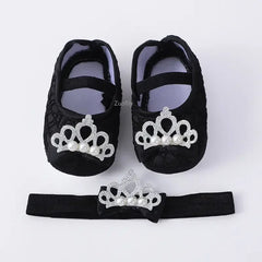 Spring Infant Baby Girl Shoes Newborn Lace Flowers Headband Anti-Slip Soft Sole First Walkers Toddler Kids Cotton Baptism Shoes