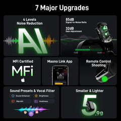 MAONO T1 Mini Wireless Lavalier Microphone for Phone AI Noise Cancelling Auto Clipping App Control Mic for Audio Video Recording