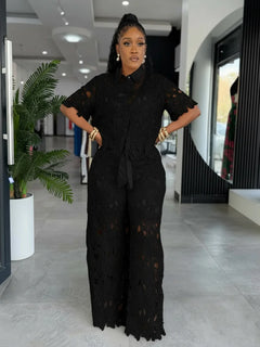 Streetwear Hollow Out Lace Casual Pants Outfits Sexy Women Two Pieces Club Matching Set Top+Trousers