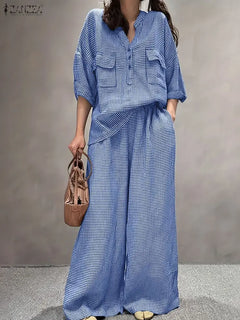 Women Pants Sets ZANZEA Fashion Summer 2 Piece Sets Plaid Outfits Casual Half Sleeve Blouse Wide Leg Trousers Street Tracksuit