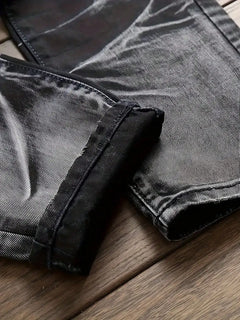 Men's Jeans Black And White Slim Fit Stretch Denim Pants Casual Mid Waist Spring Trousers